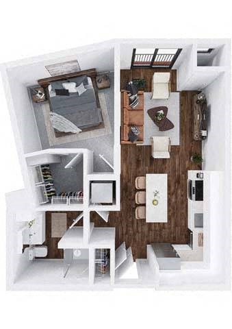 Floor plan for 1 bed, 1 bath, 715 sqft