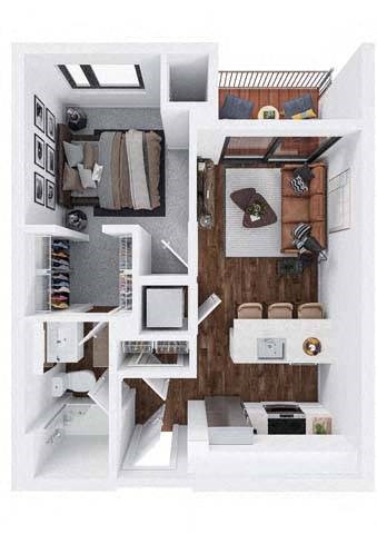 Floor plan for 1 bed, 1 bath, 621 sqft