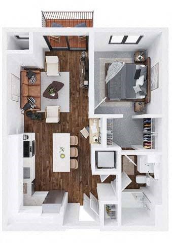 Floor plan for 1 bed, 1 bath, 675 sqft
