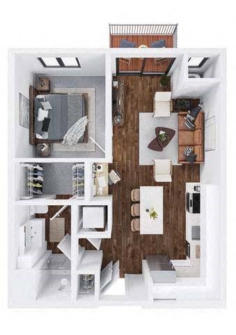 Floor plan for 1 bed, 1 bath, 697 sqft