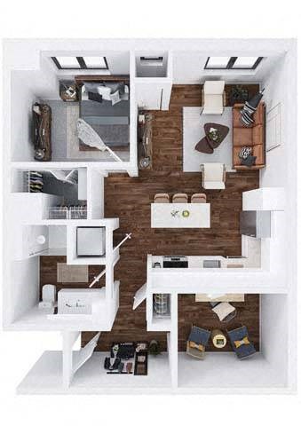 Floor plan for 1 bed, 1 bath, 931 sqft