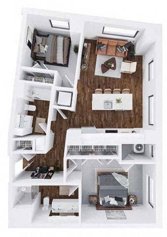 Floor plan for 2 beds, 2 baths, 1030 sqft