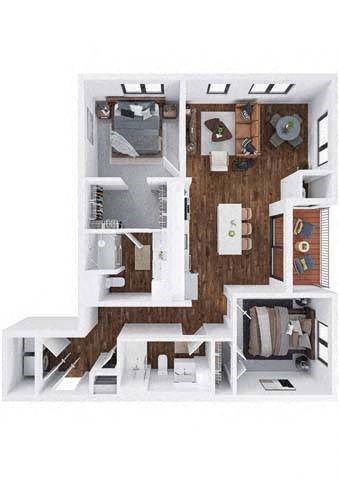 Floor plan for 2 beds, 2 baths, 1053 sqft