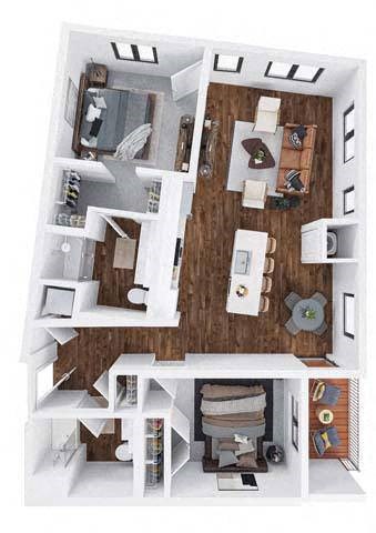 Floor plan for 2 beds, 2 baths, 1048 sqft