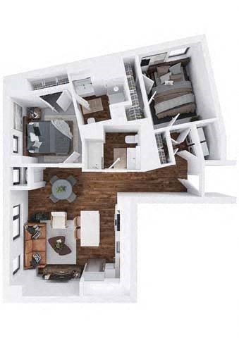 Floor plan for 2 beds, 2 baths, 1070 sqft