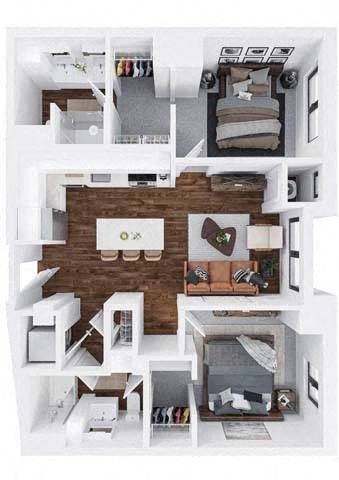Floor plan for 2 beds, 2 baths, 986 sqft