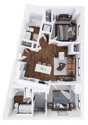 Floor plan for 2 beds, 2 baths, 1007 sqft