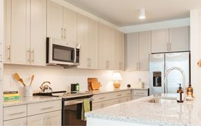 Madison apartment for rent - A kitchen with white cabinets and a granite countertop.