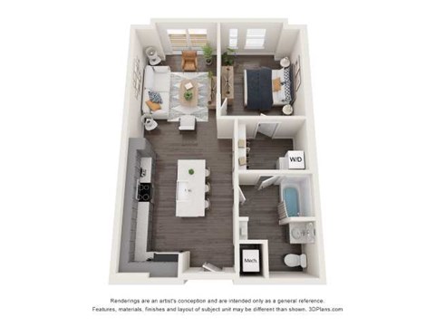 Floor plan for 1 bed, 1 bath, 701 sqft