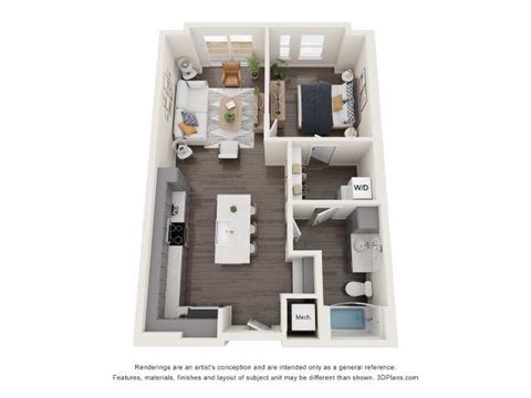 Floor plan for 1 bed, 1 bath, 701 sqft