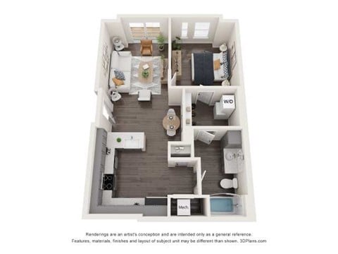 Floor plan for 1 bed, 1 bath, 701 sqft