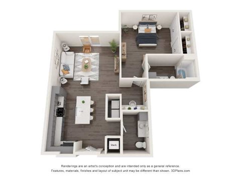 Floor plan for 1 bed, 1 bath, 1070 sqft