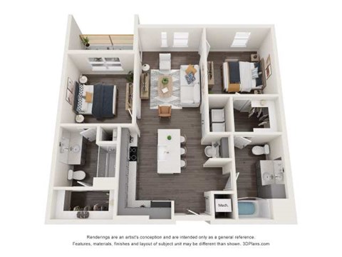Floor plan for 2 beds, 2 baths, 998 sqft