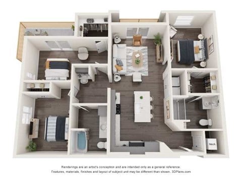 Floor plan for 3 beds, 2 baths, 1289 sqft