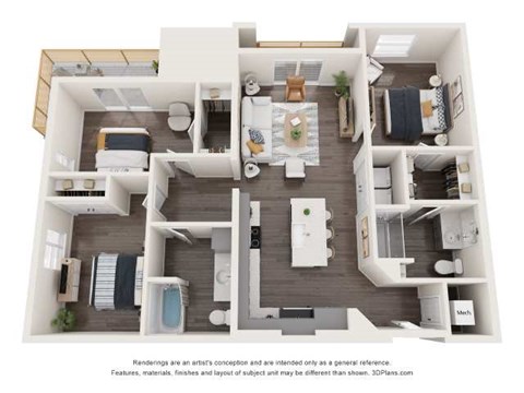 Floor plan for 3 beds, 2 baths, 1244 sqft