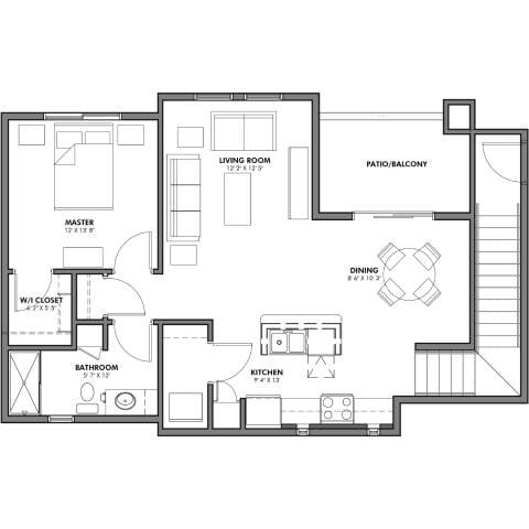 Floor plan for 1 bed, 1 bath, 883 sqft