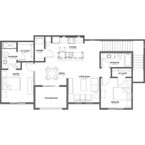 Floor plan for 2 beds, 2 baths, 1168 sqft