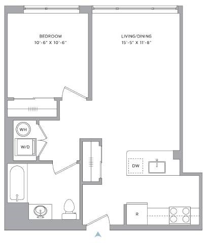 Floor plan for 1 bed, 1 bath, 631 sqft