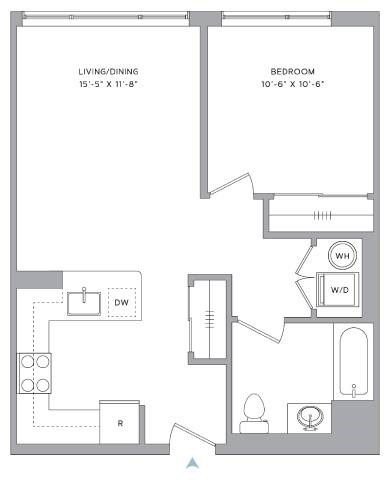 Floor plan for 1 bed, 1 bath, 637 sqft