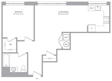 Floor plan for 1 bed, 1 bath, 902 sqft