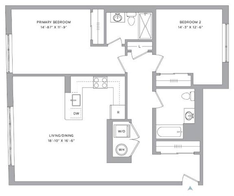 Floor plan for 2 beds, 2 baths, 1230 sqft