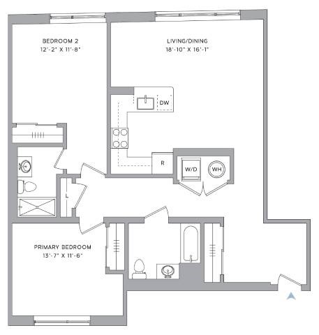 Floor plan for 2 beds, 2 baths, 1220 sqft