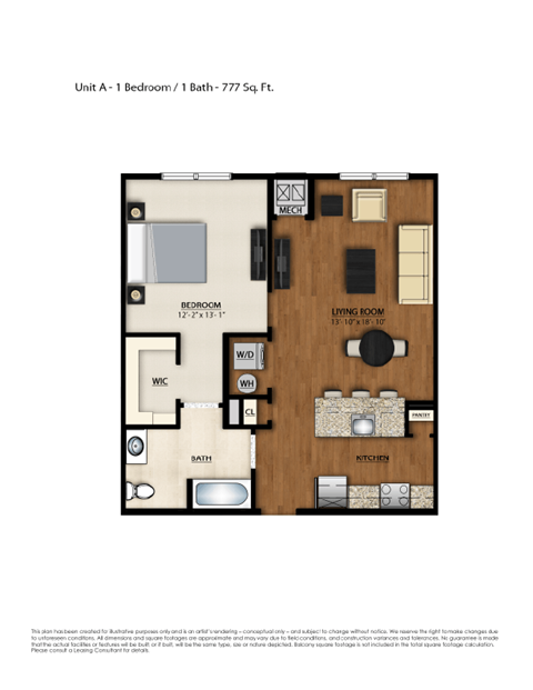 Floor plan for 1 bed, 1 bath, 777 sqft