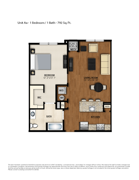 Floor plan for 1 bed, 1 bath, 792 sqft