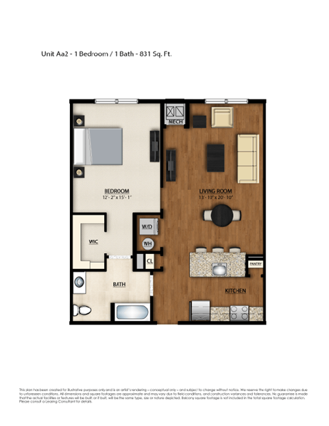 Floor plan for 1 bed, 1 bath, 831 sqft