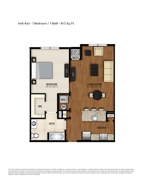 Floor plan for 1 bed, 1 bath, 815 sqft