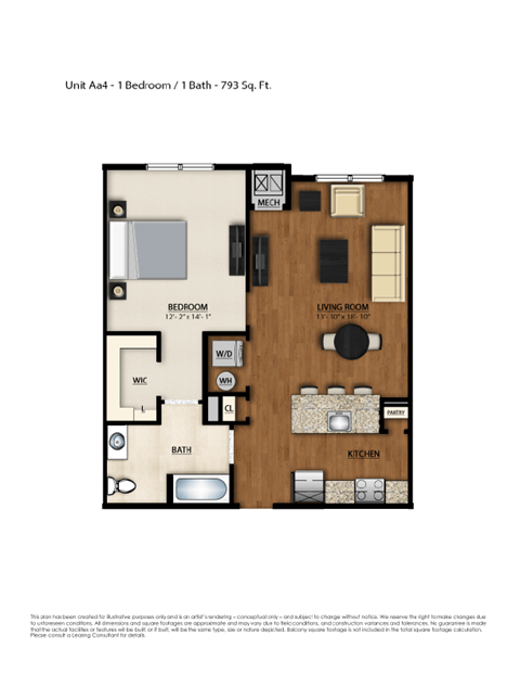Floor plan for 1 bed, 1 bath, 793 sqft