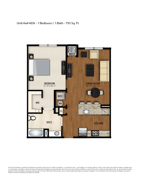 Floor plan for 1 bed, 1 bath, 793 sqft