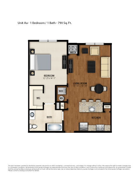Floor plan for 1 bed, 1 bath, 790 sqft