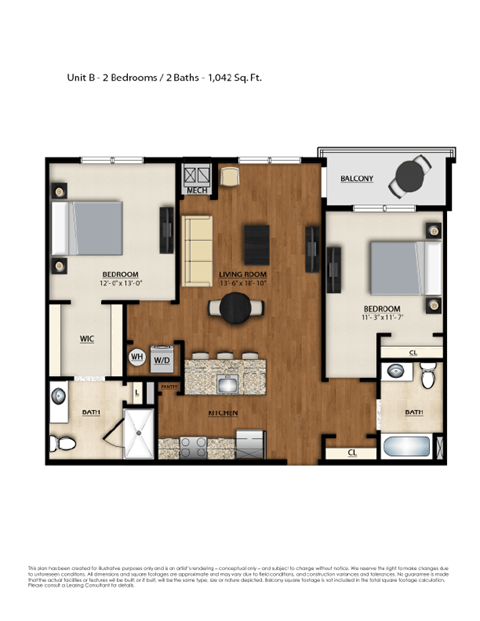 Floor plan for 2 beds, 2 baths, 1042 sqft