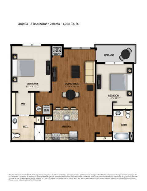 Floor plan for 2 beds, 2 baths, 1058 sqft