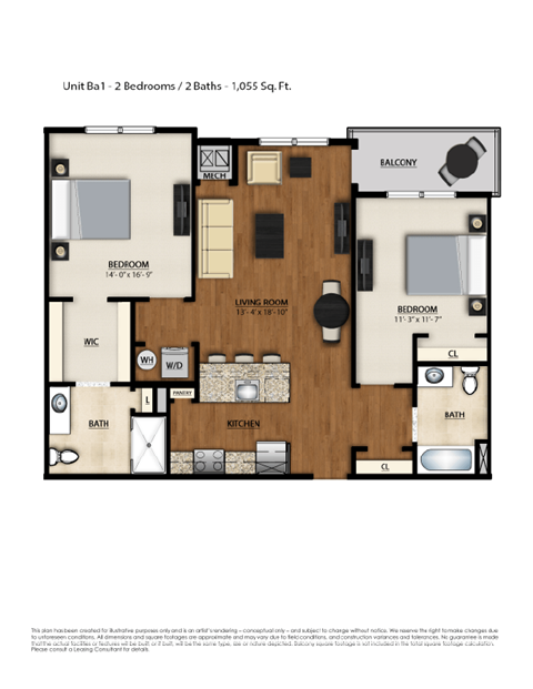 Floor plan for 2 beds, 2 baths, 1055 sqft