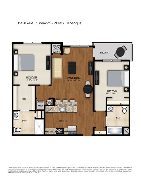 Floor plan for 2 beds, 2 baths, 1058 sqft