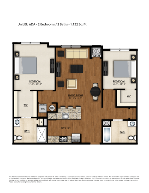 Floor plan for 2 beds, 2 baths, 1132 sqft