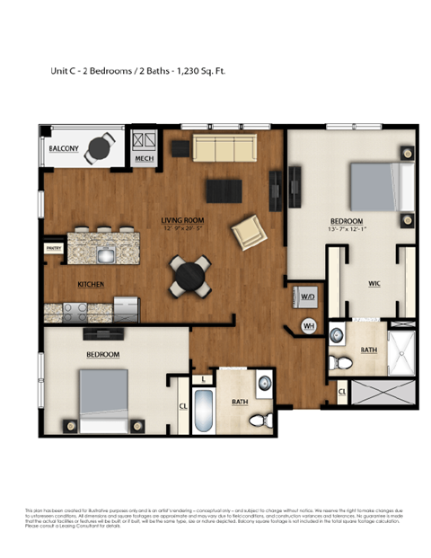 Floor plan for 2 beds, 2 baths, 1230 sqft
