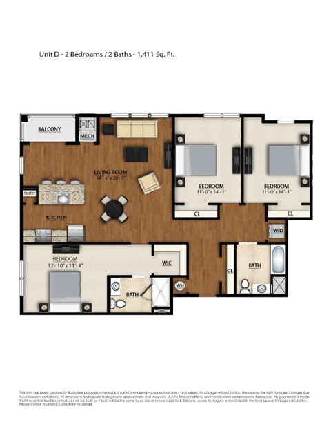 Floor plan for 3 beds, 2 baths, 1411 sqft