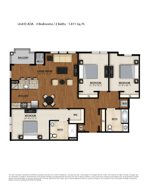 Floor plan for 3 beds, 2 baths, 1411 sqft