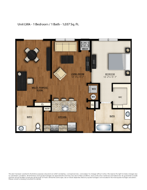 Floor plan for 1 bed, 1 bath, 1037 sqft