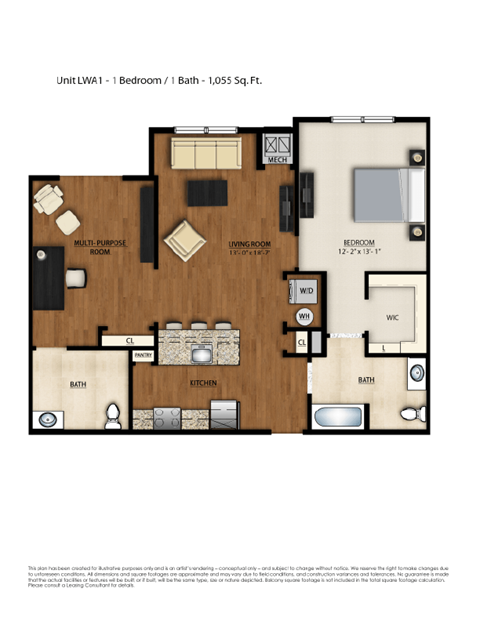 Floor plan for 1 bed, 1.5 baths, 1055 sqft