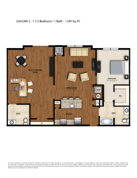 Floor plan for 1 bed, 1.5 baths, 1349 sqft