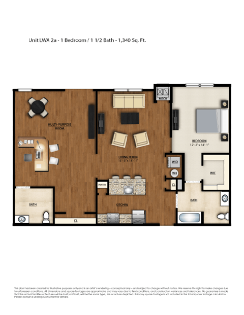 Floor plan for 1 bed, 1 bath, 1340 sqft