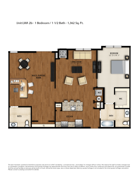 Floor plan for 1 bed, 1.5 baths, 1362 sqft