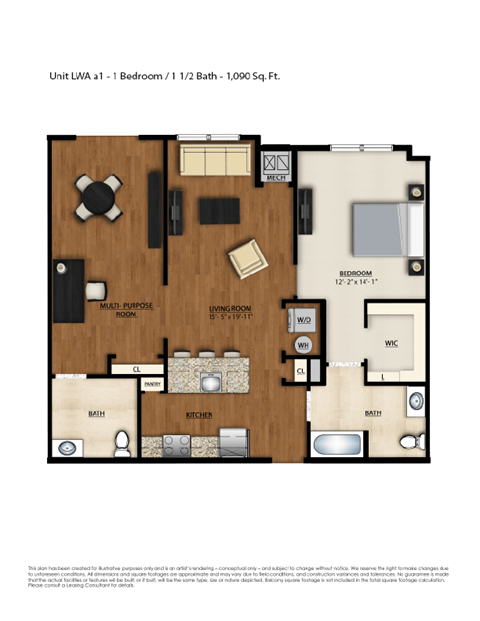 Floor plan for 1 bed, 1.5 baths, 1090 sqft