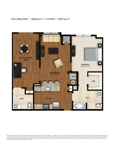 Floor plan for 1 bed, 1.5 baths, 1089 sqft