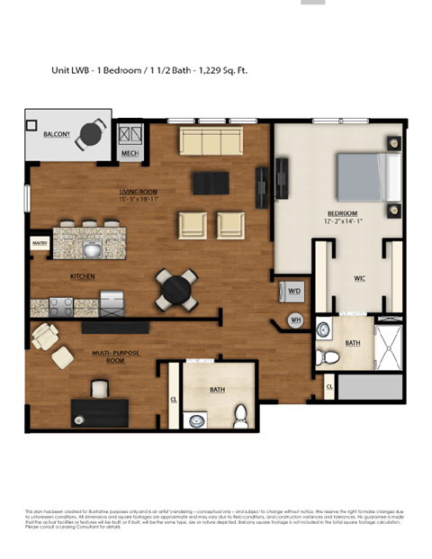 Floor plan for 1 bed, 1.5 baths, 1229 sqft