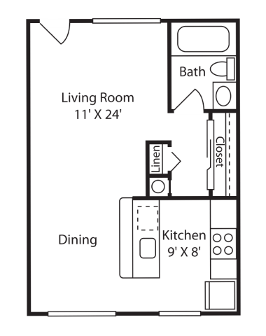 Floor plan for studio, 1 bath, 408 sqft